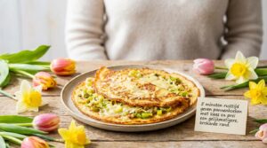 5 minuten rusttijd geven pannenkoeken met kaas en prei een gelijkmatigere, krokante rand