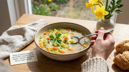 Deze groentesoep met vermicelli smaakt vol en helder, zonder bouillon die te zout uitvalt