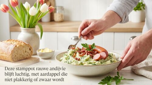 Deze stamppot rauwe andijvie blijft luchtig, met aardappel die niet plakkerig of zwaar wordt