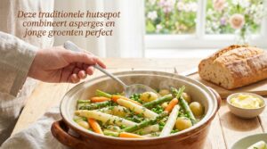 Deze traditionele hutsepot combineert asperges en jonge groenten perfect
