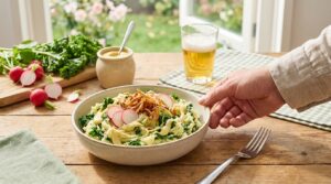 Kruidige stamppot met knapperige radijs en zachte mosterdsaus