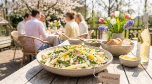 Lentekriebels met een frisse en romige aspergesalade op tafel