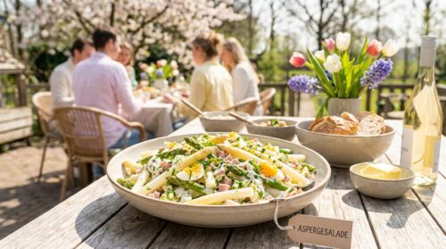 Lentekriebels met een frisse en romige aspergesalade op tafel