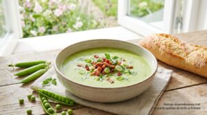 Romige doperwtensoep met krokante spekjes en lente-ui frisheid