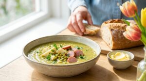 Smeuïge erwtensoep met knolselderij en spliterwten die ook de volgende dag vol van smaak blijft